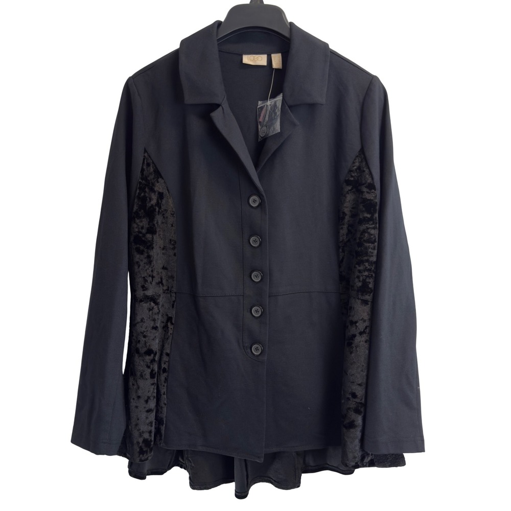 LOGO Lavish Lori Goldstein Black Velour Panel Ponte Knit Jacket Peplum Hem L